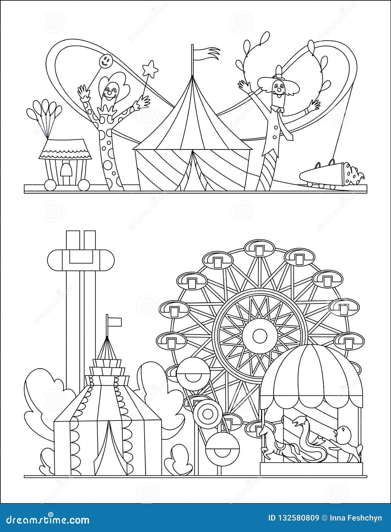 Amusement park urban landscape with carousels roller coaster and air balloon coloring book page circus fun fair and stock vector