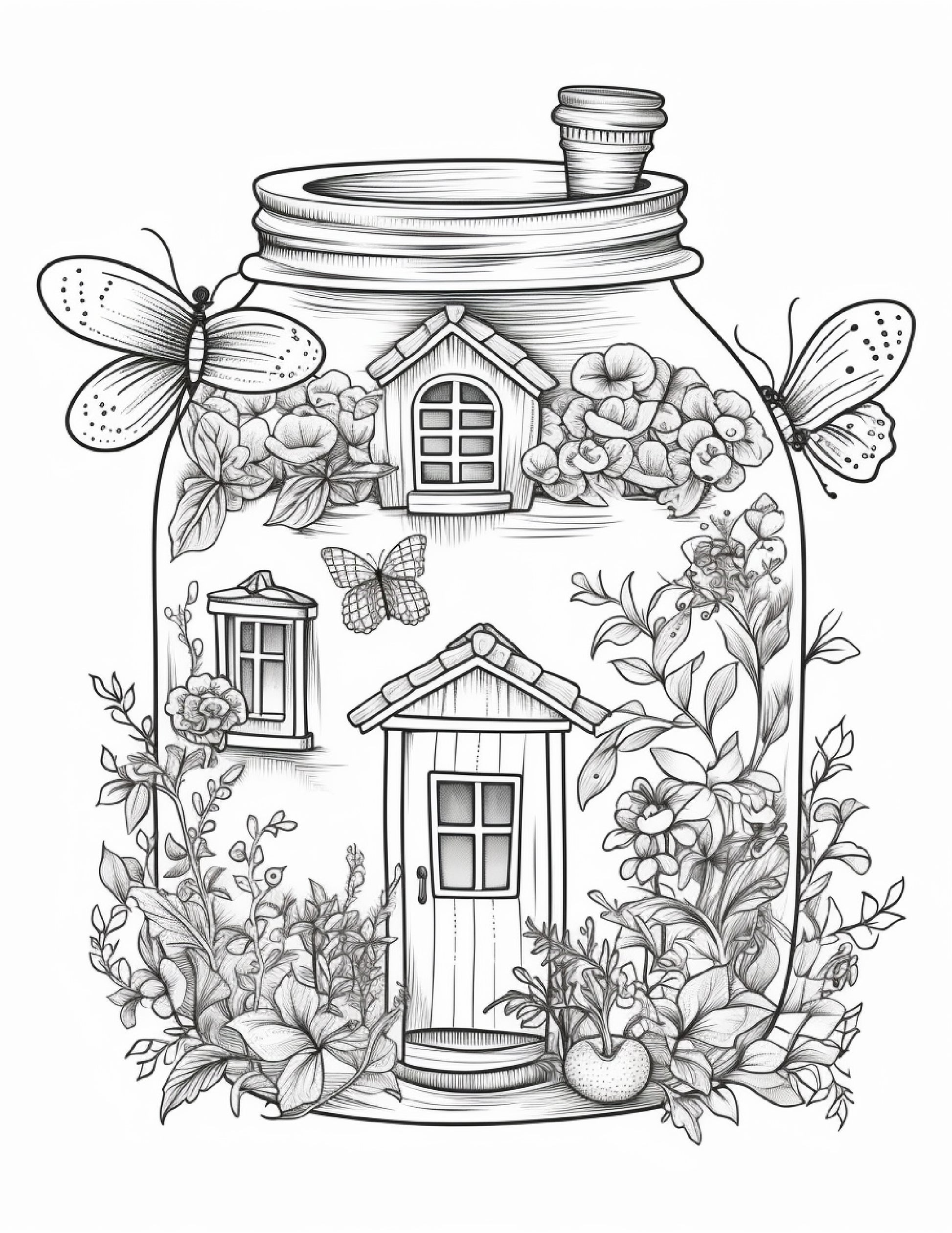 Printable fairy houses in jar coloring pages for adults grayscale â coloring