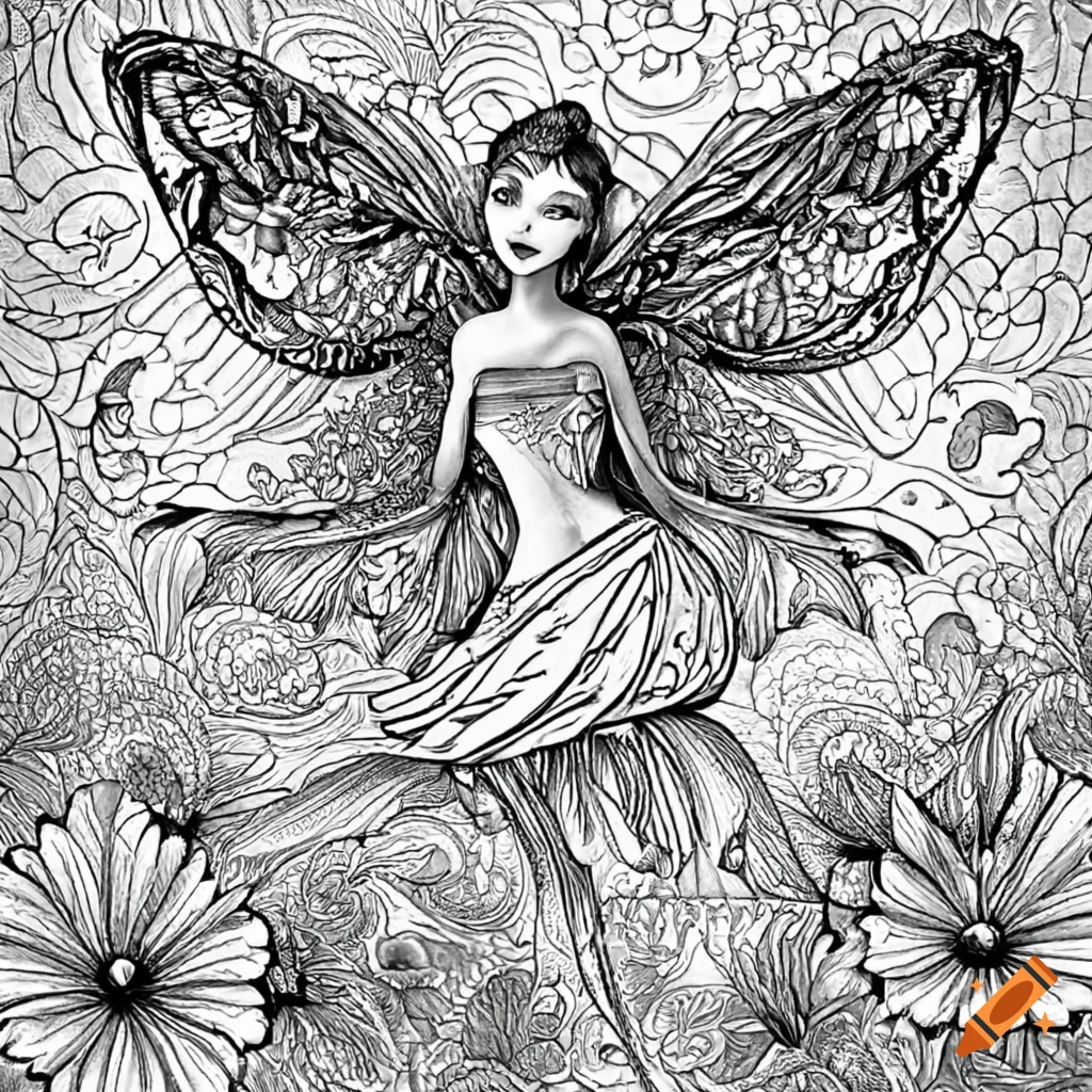 A fairy flying amidst magical flowers and leaves made in black and white for a coloring book made in black and white for a coloring book on