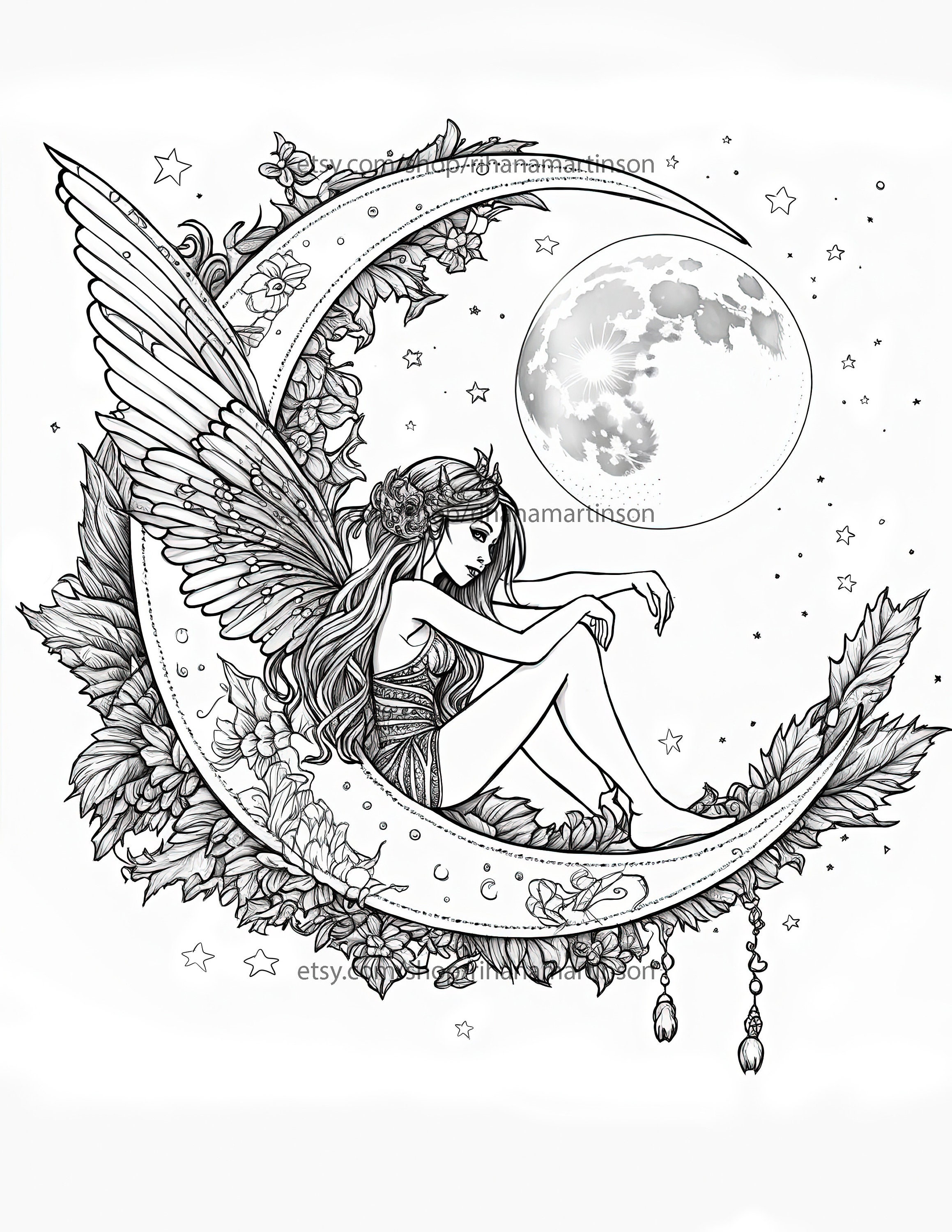 Fantasy fairy printable adult coloring book page ornate crescent moon