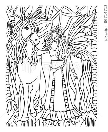 Unicorn walking with fairy coloring page for adult