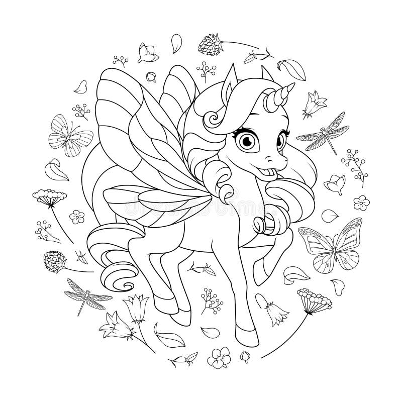 Cute fairy unicorn with wings surrounded with flowers and butterflies vector coloring page stock illustration