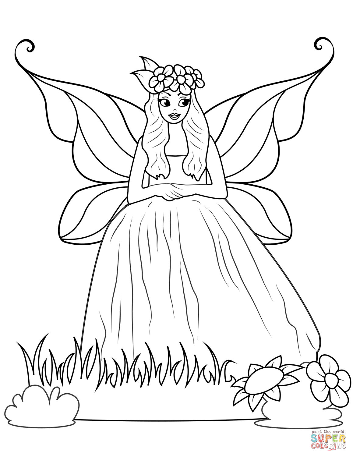 Fairy in ball gown dress coloring page free printable coloring pages