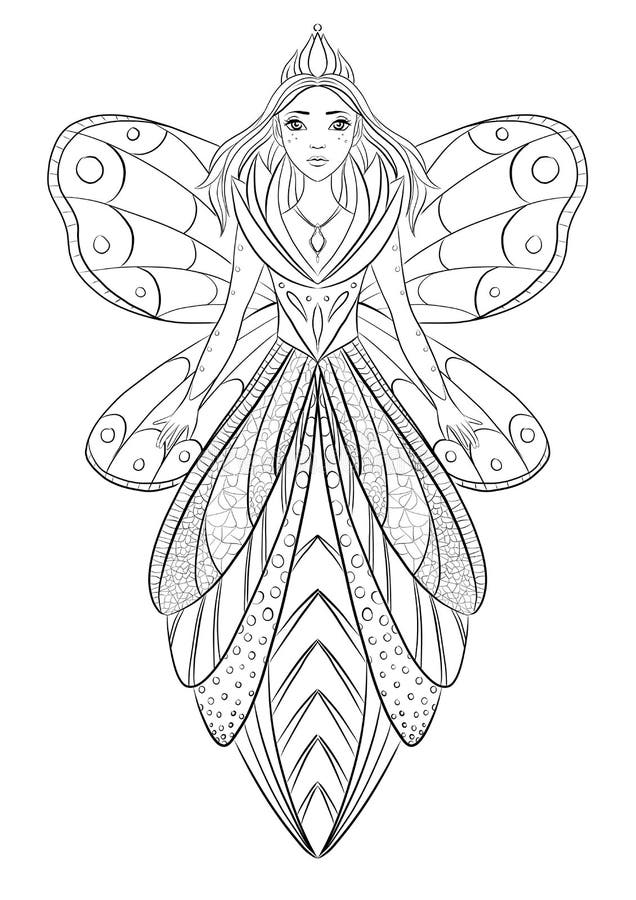 Art therapy coloring page illustration of a flower fairy queen stock illustration