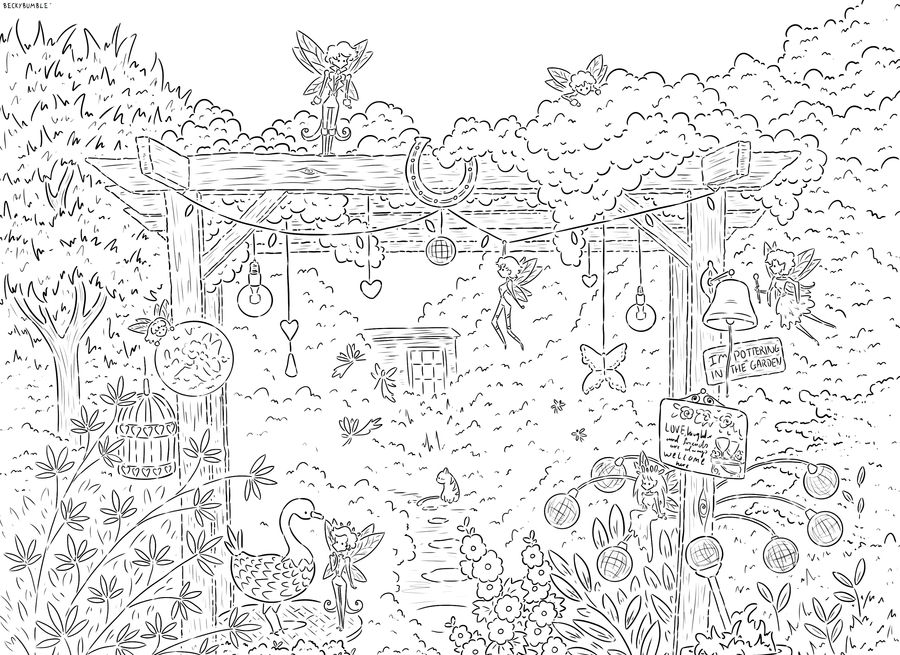 Fairy garden colouring sheet free for kids by beckybumble on