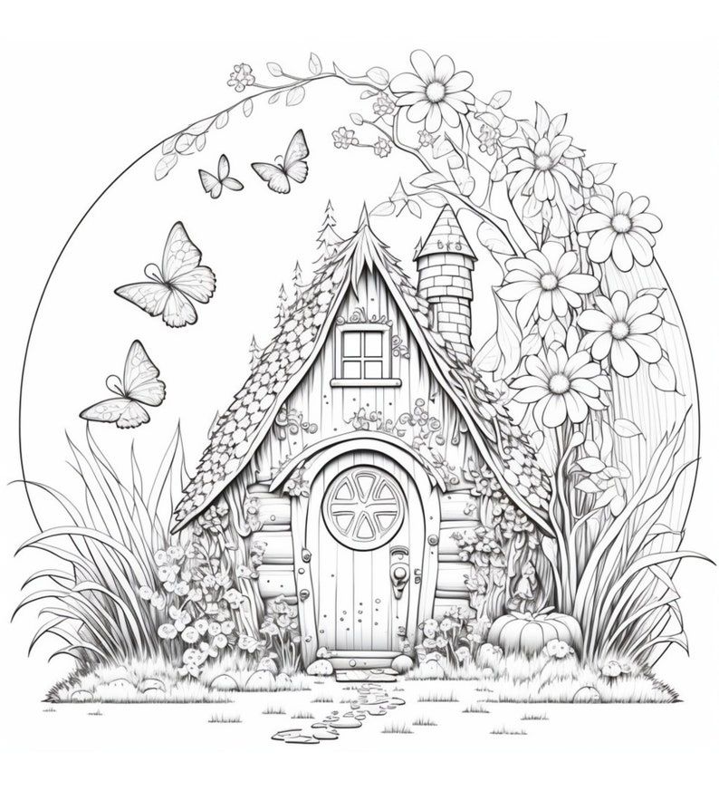Fairy house coloring pages fairy coloring pages bundle adult coloring pages digital download coloring pages fantasy coloring page bundle