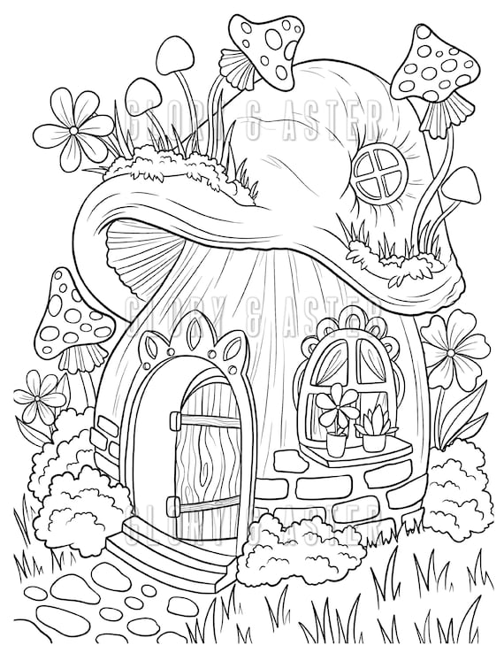 Mushroom fairy house coloring page coloring sheets magic mushroom instant download fantasy coloring adult coloring book