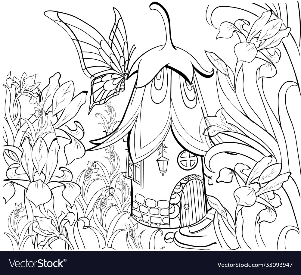 Fairy house for coloring book floral elements vector image