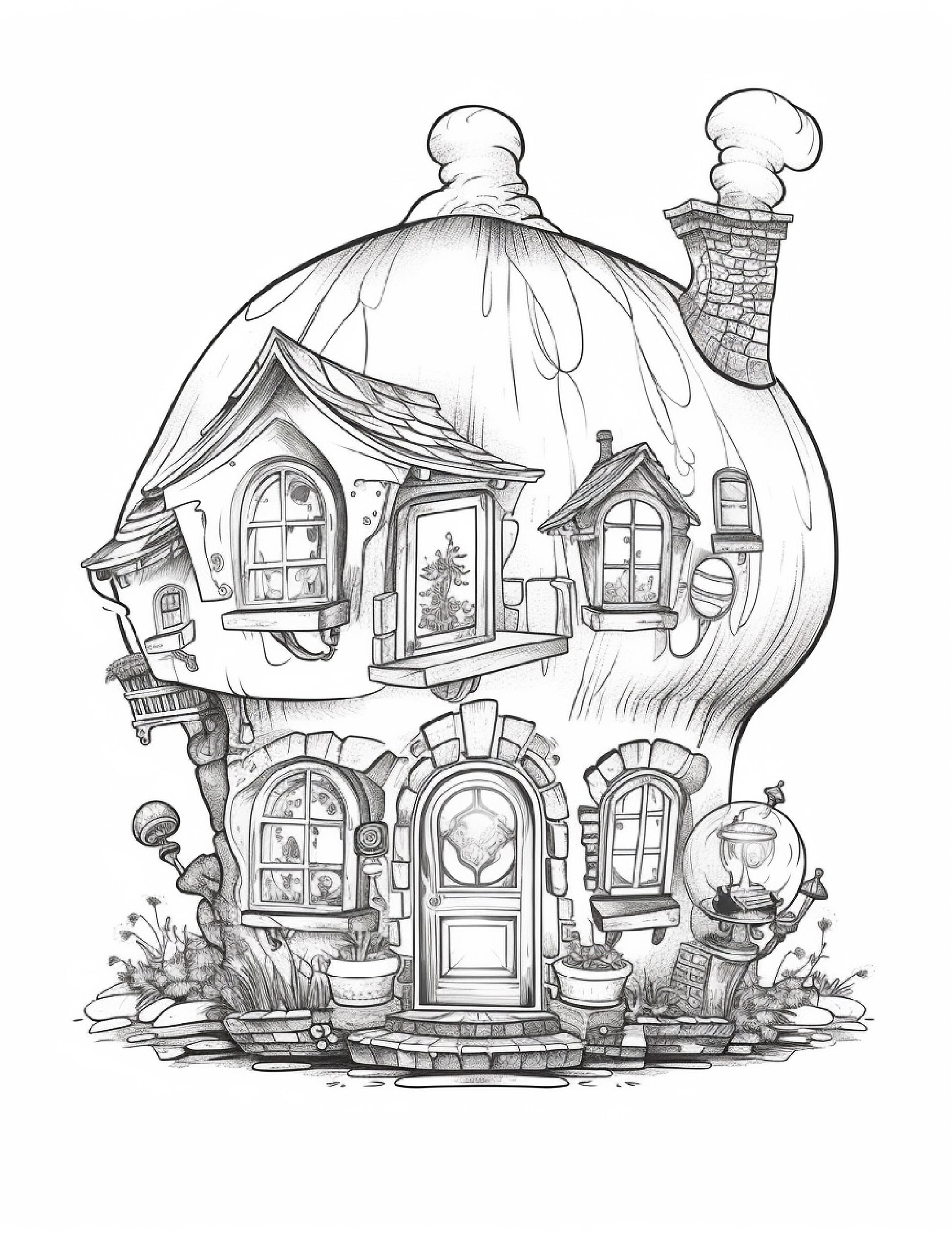 Printable fairy houses in jar coloring pages for adults grayscale â coloring