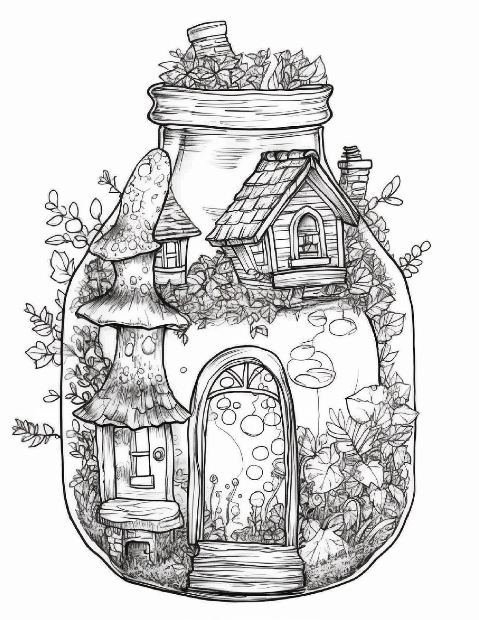 Printable fairy houses in jar coloring pages for adults grayscale â coloring