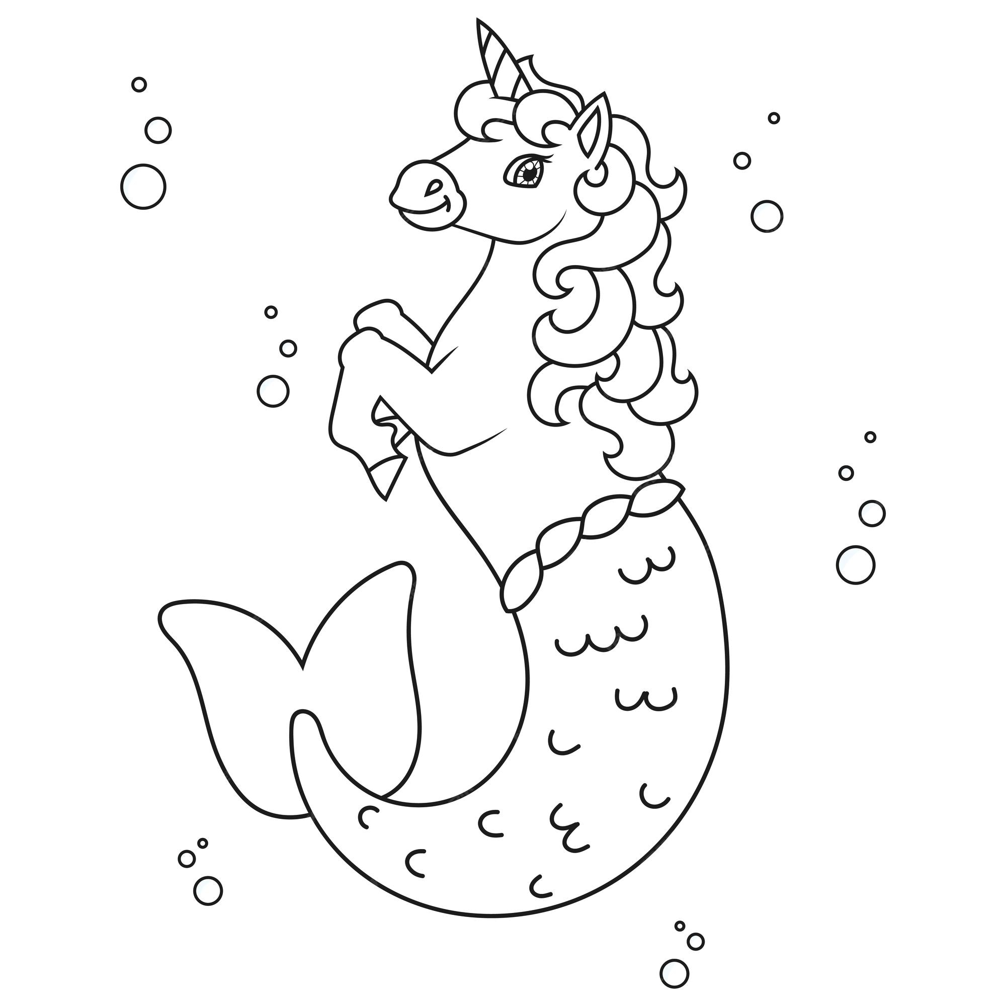 Premium vector cute mermaid unicorn magic fairy horse coloring book page for kids cartoon style