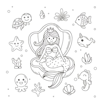 Premium vector mermaid with underwater animals and plant coloring page for kids