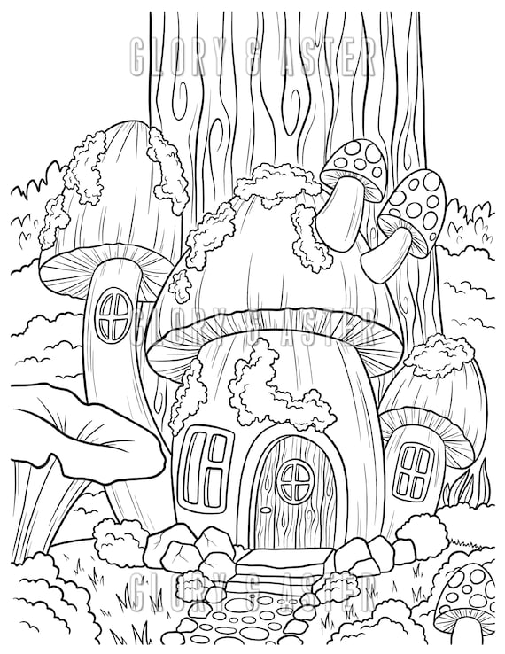 Fairy house coloring page coloring sheets magic mushroom instant download fantasy coloring adult coloring book printable