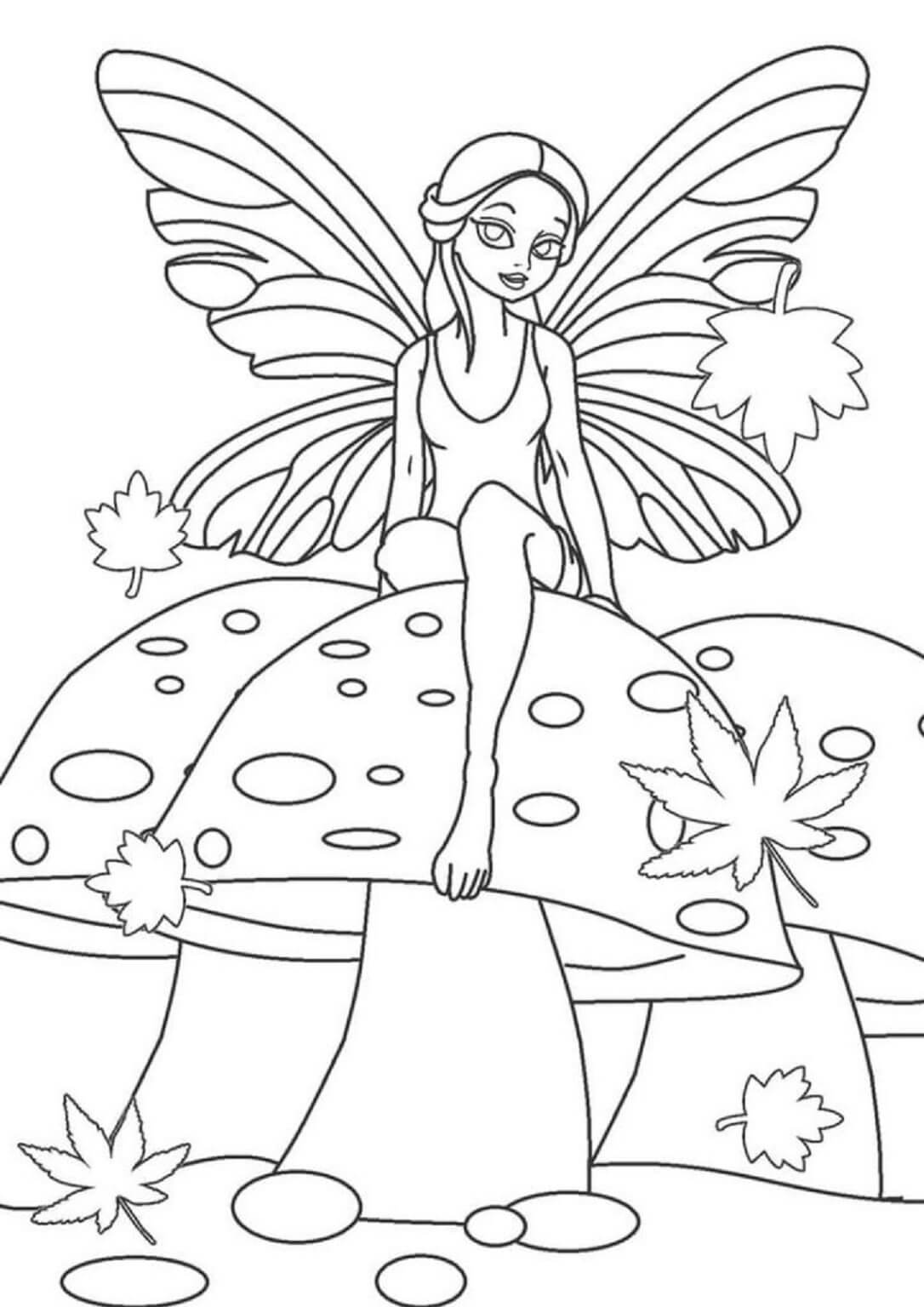 Fairy sitting on mushroom coloring page