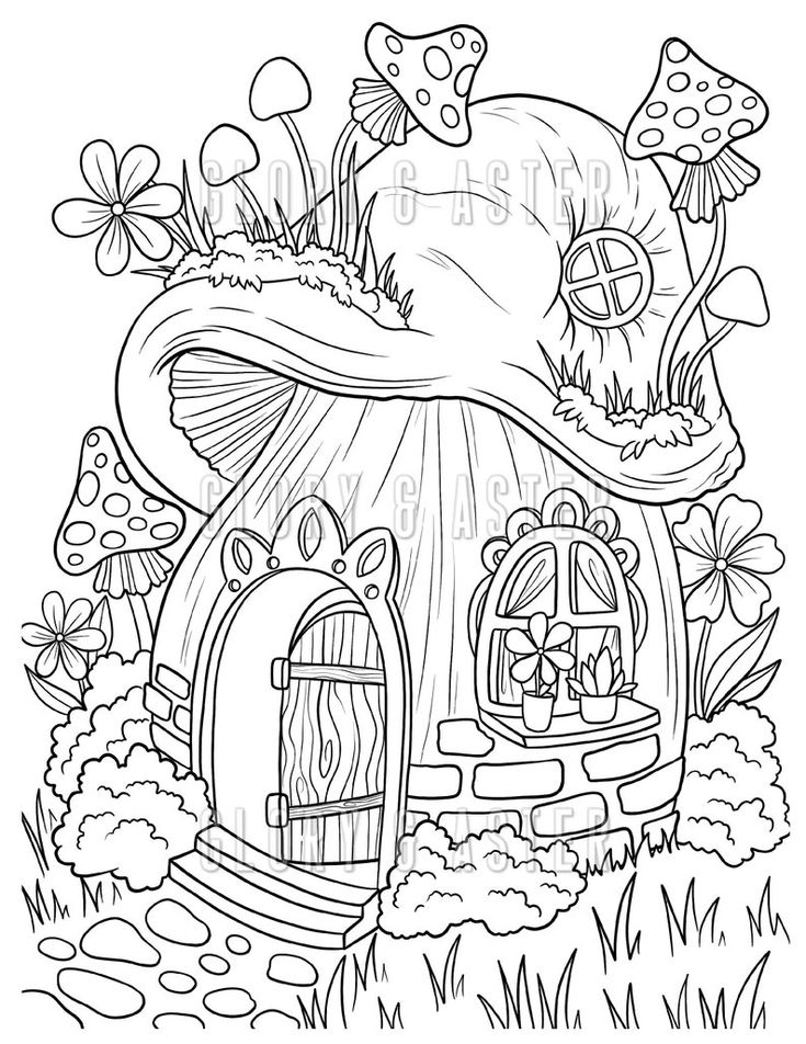 Mushroom fairy house coloring page coloring sheets magic mushroom instant download fantasy coloring adult coloring book download now