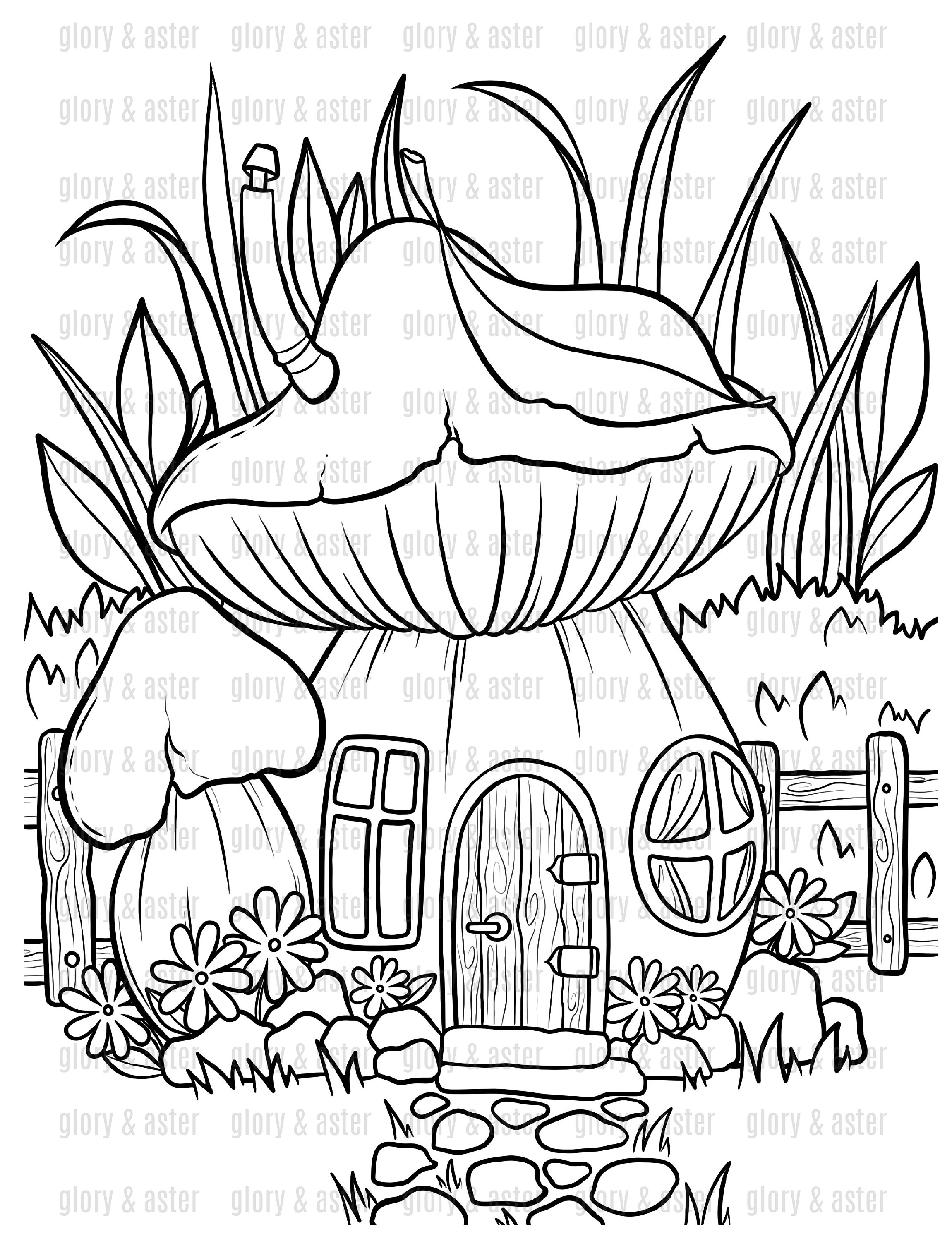 Mushroom fairy house coloring page coloring sheets magic mushroom instant download fantasy coloring adult coloring book download now