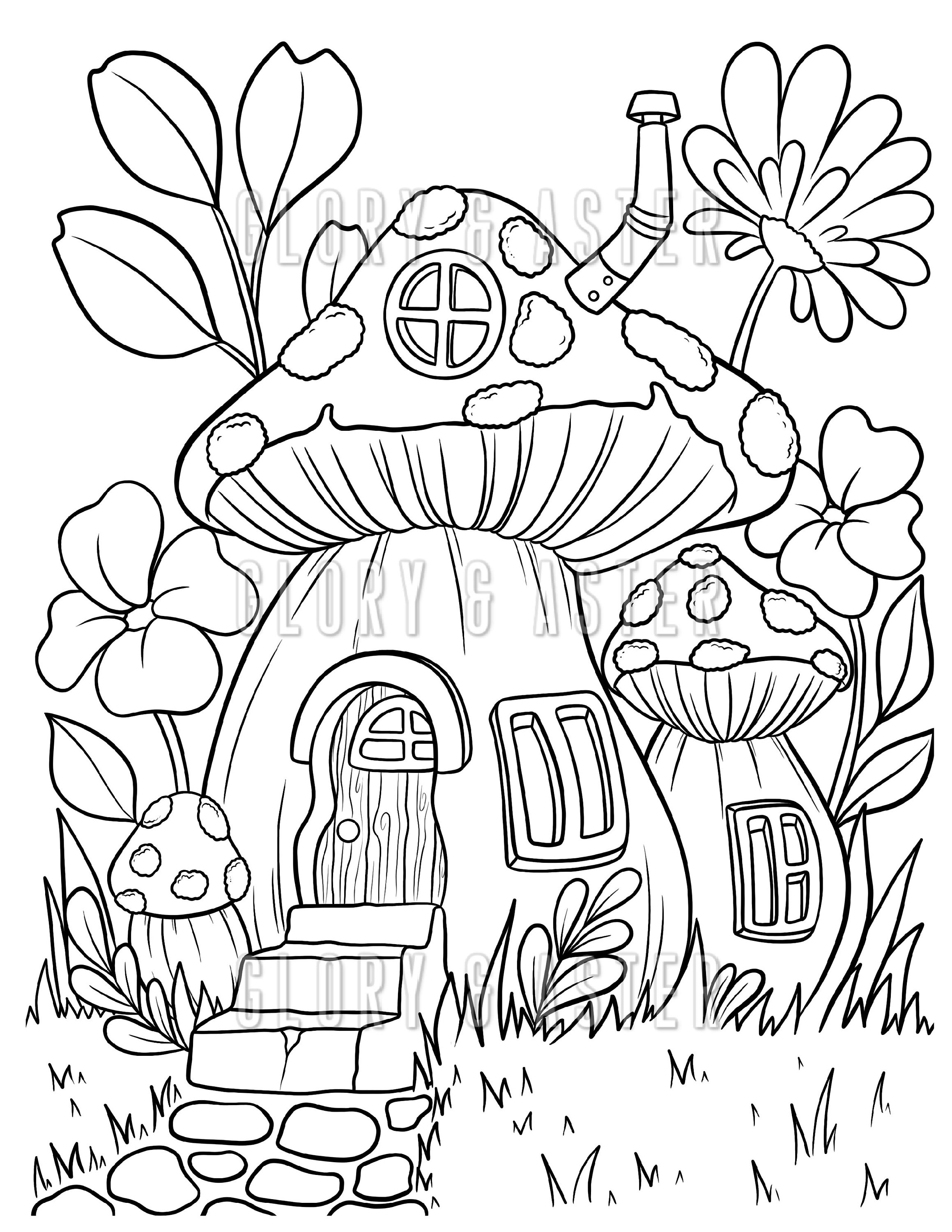 Fairy house coloring page coloring sheets magic mushroom instant download fantasy coloring adult coloring book