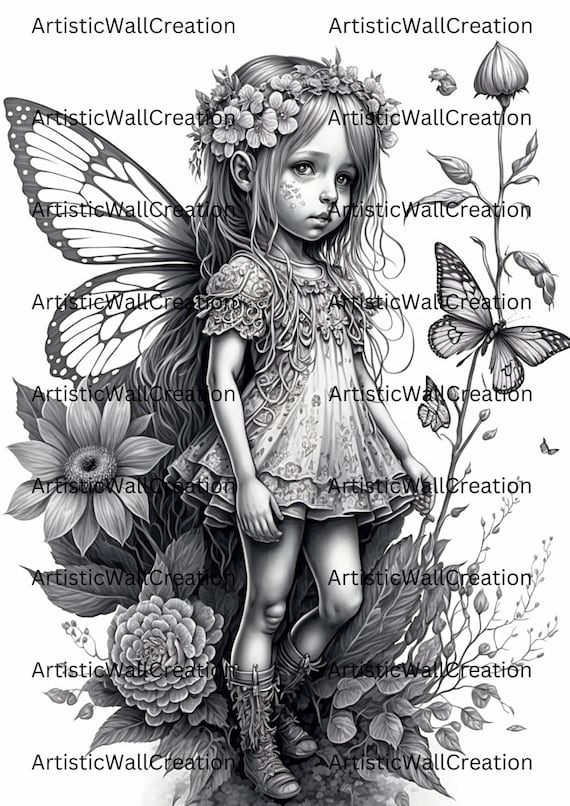 Fairy coloring page adult coloring sheet enchanted fairy girl delicate fairy girl lightdark greyscale pdfpng download