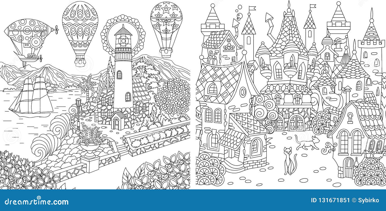 Coloring pages coloring book for adults colouring pictures with light house and fairy tale castle stock vector