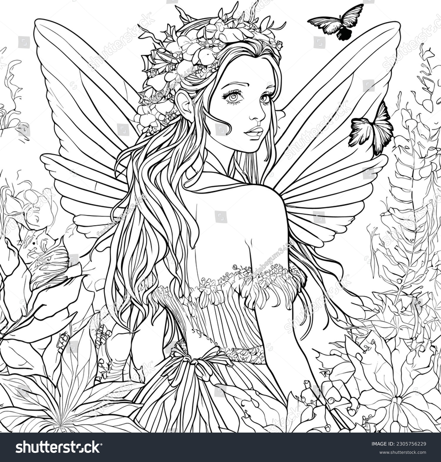 Beautiful fairy adults stress coloring page stock vector royalty free