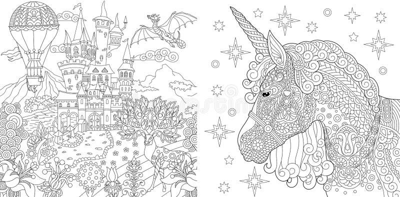 Coloring pages coloring book for adults colouring pictures with fairytale castle and magic unicorn stock vector