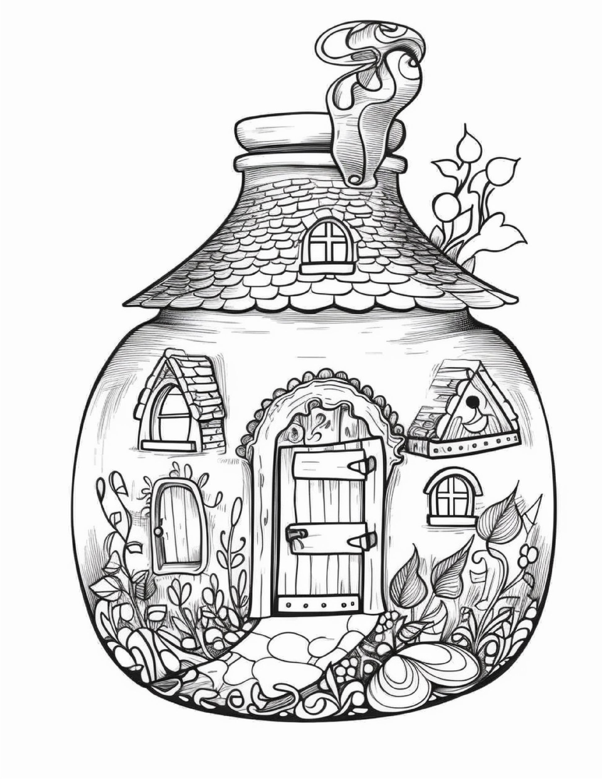 Printable fairy houses in jar coloring pages for adults grayscale â coloring