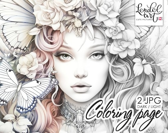 Beauty fairy coloring page for adults beautiful girl grayscale coloring page girl portrait instant download jpeg