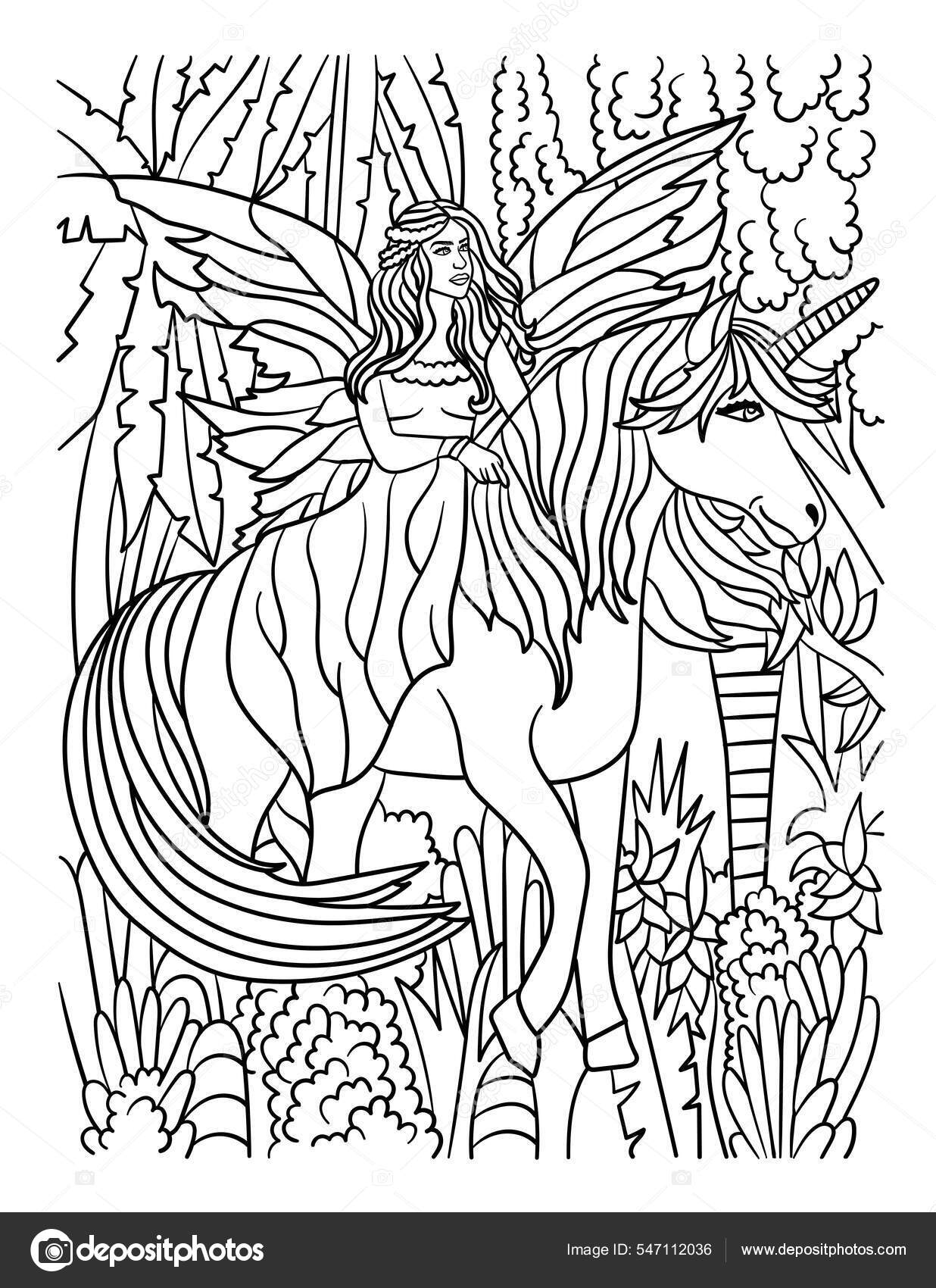 Fairy riding unicorn coloring page for adults stock vector by abbydesign