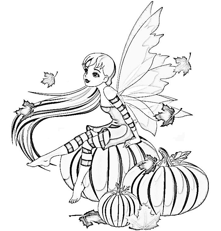 Fairy with pumpkins fairy coloring pages adult coloring pages cool coloring pages