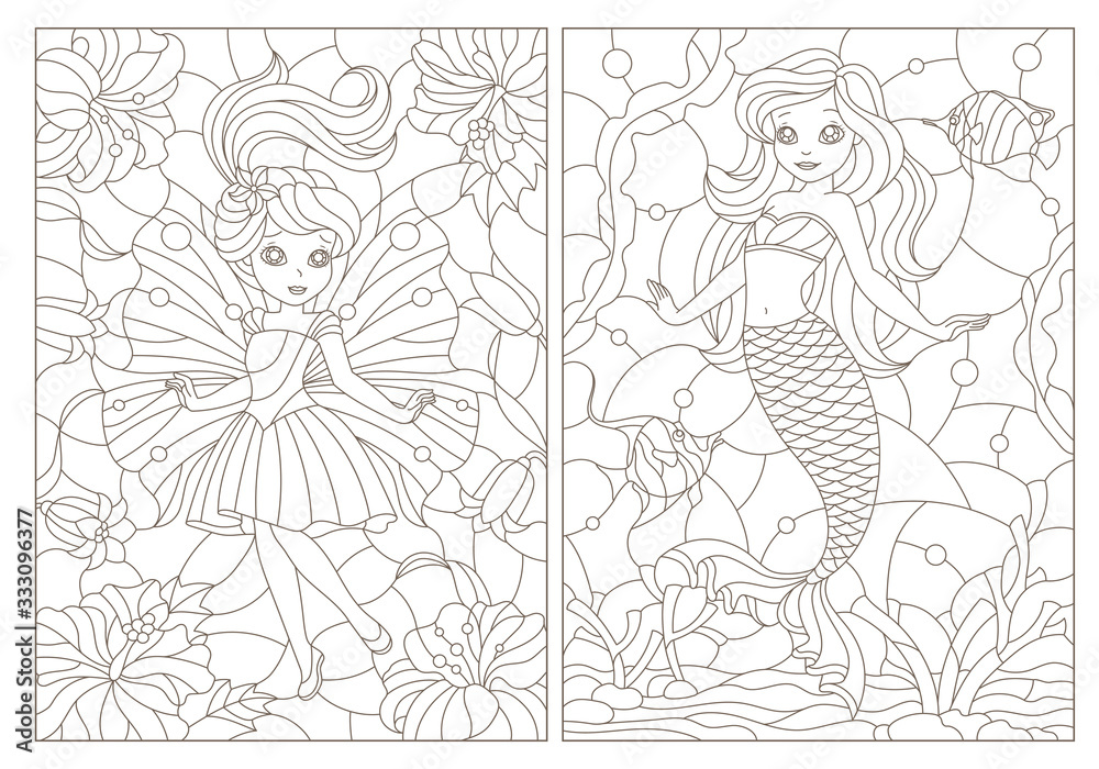 Set of contour illustrations of stained glass windows with fairy