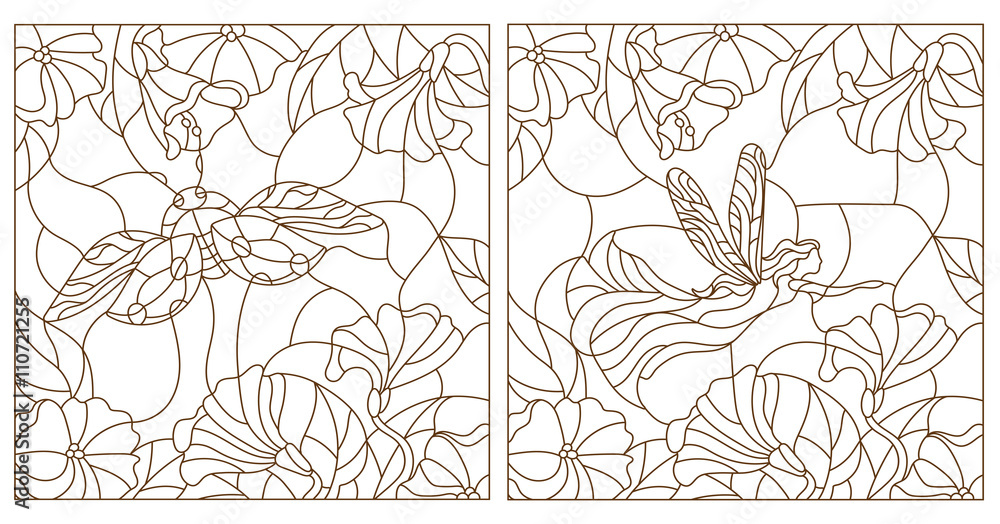 Set contour illustrations in the stained glass style ladybug and fairy on a background of leaves and flowers vector