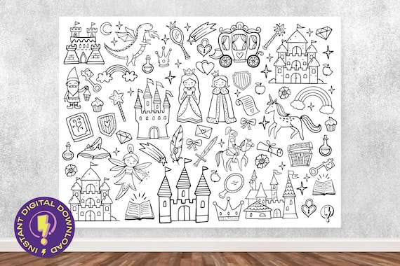 Giant fairy tale doodles coloring poster printable coloring sheet for kids in jumbo sizes princess prince king castle dragon