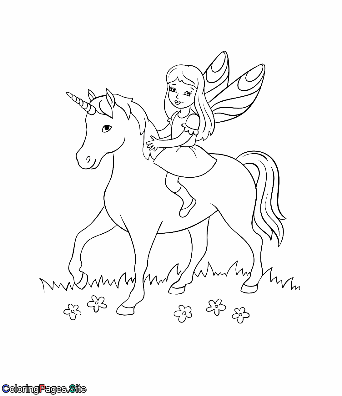 Fairy riding a unicorn coloring page online