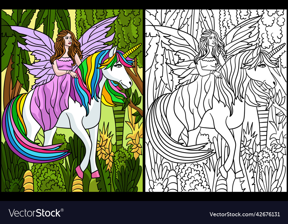 Fairy and unicorn coloring page for adults colored