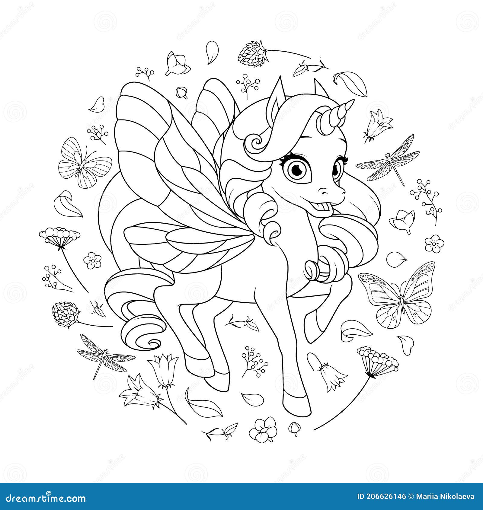 Cute fairy unicorn with wings surrounded with flowers and butterflies vector coloring page stock illustration
