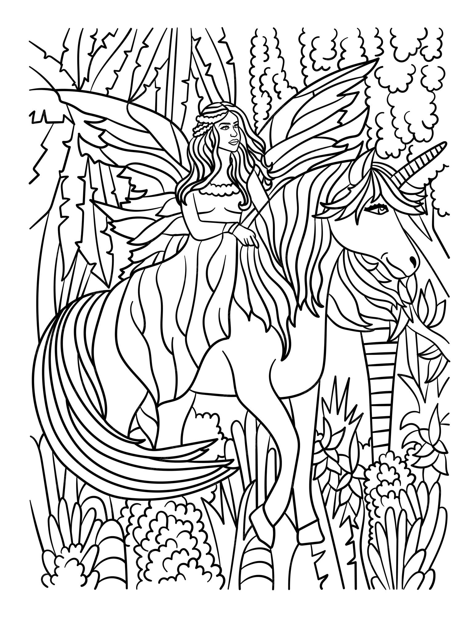 Premium vector fairy riding unicorn coloring page for adults