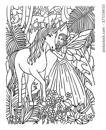 Fairy petting unicorn coloring page for adults