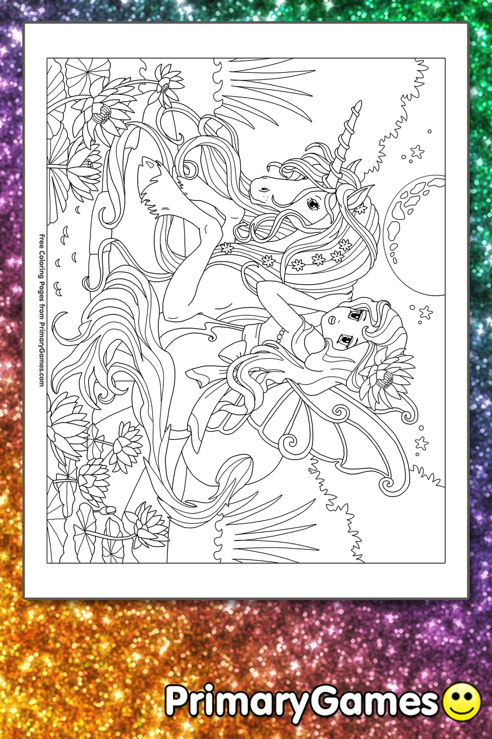 Unicorn with a fairy coloring page â free printable pdf from