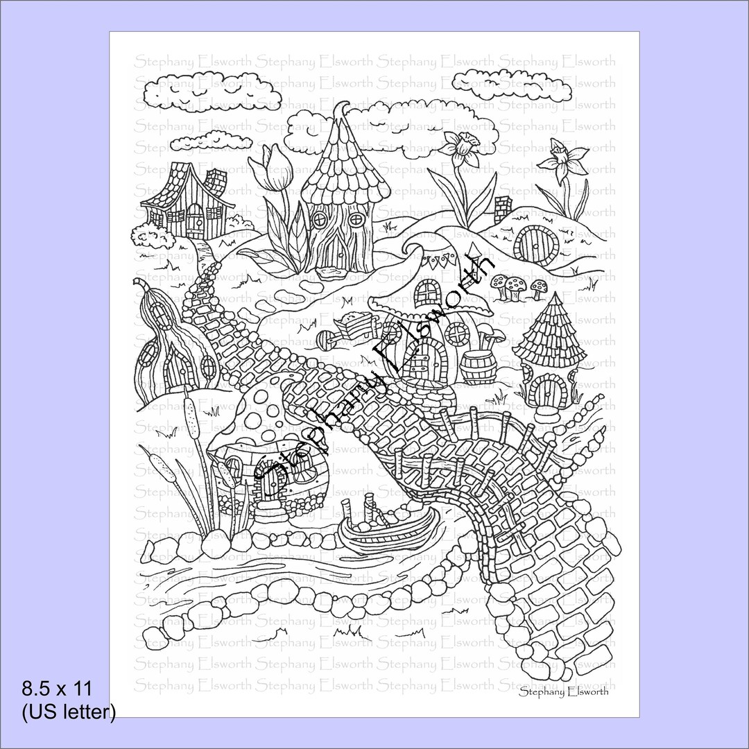 Fairy village printable instant download coloring page