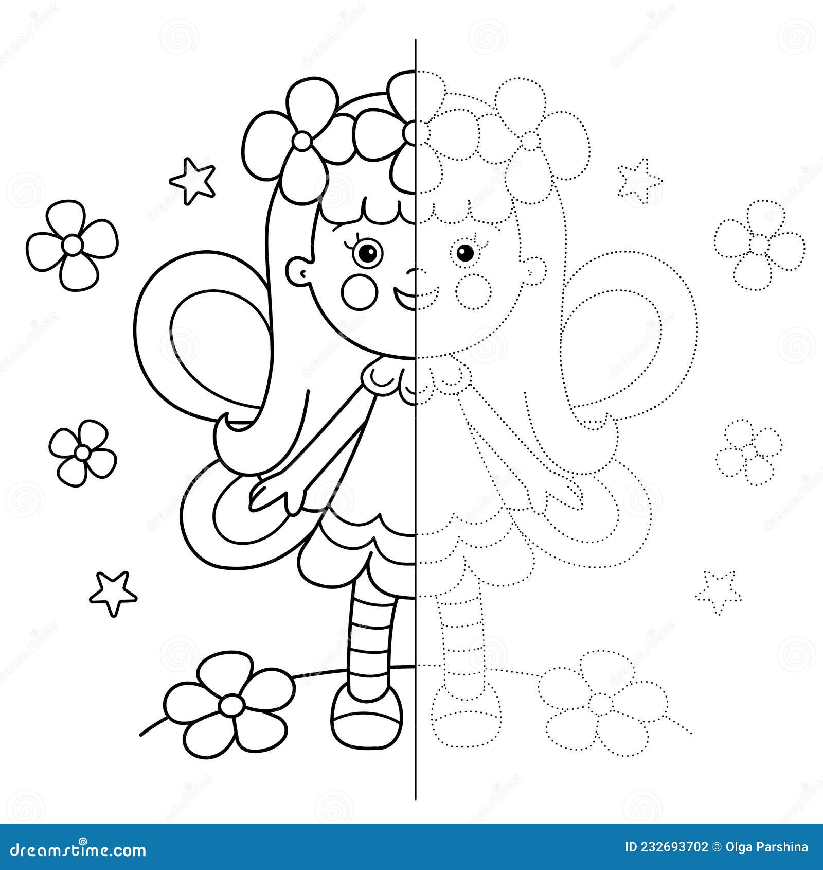 Draw symmetrically connect the dots picture tracing worksheet coloring page outline of cartoon flower fairy with wings stock vector