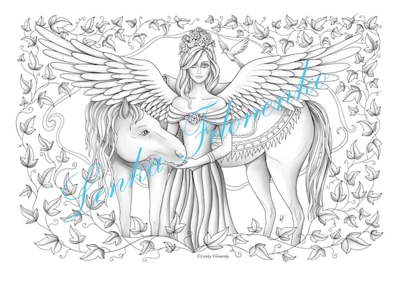 Coloring page for adults coloring page cute greyscale fairy with horse and angel wings pdf download and print