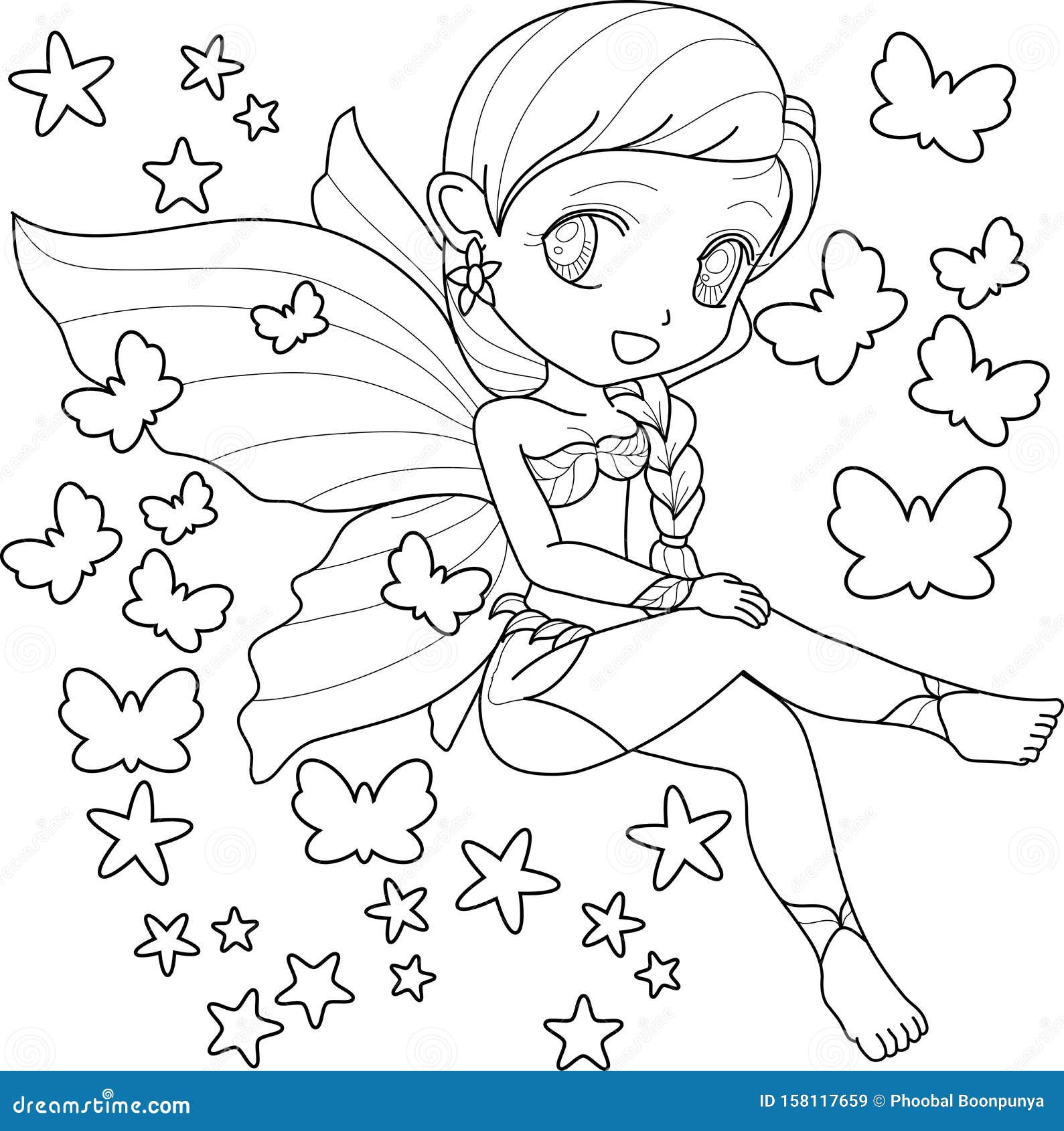 Cute little fairy with wings white background for kids coloring book vector illustration stock vector