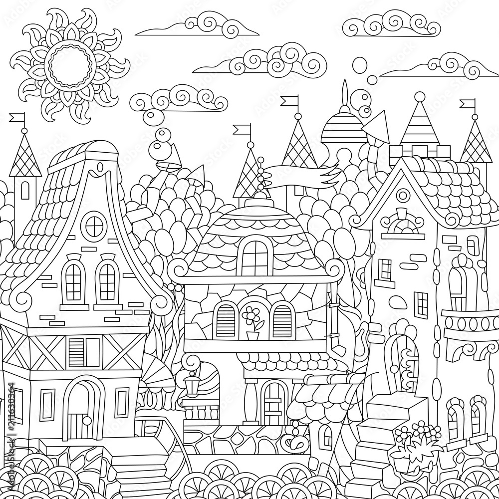 Fairy tale town fairytale city fantasy downtown with vintage houses coloring page colouring picture coloring book freehand sketch drawing vector illustration vector