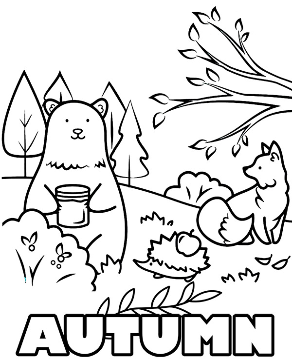 Autumn coloring sheet with forest animals