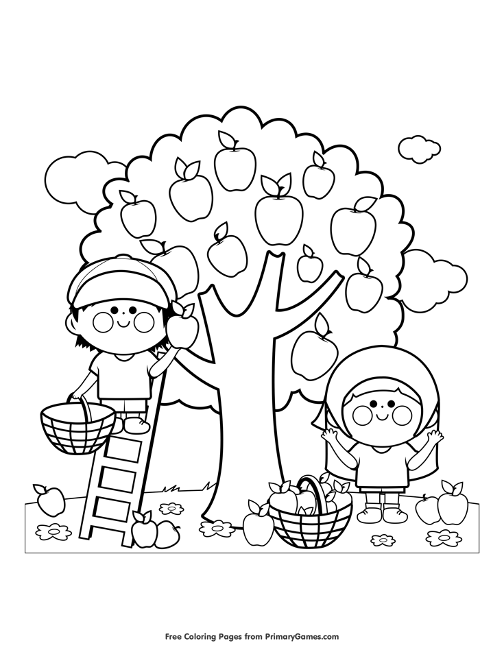 Children picking apples coloring page â free printable ebook fall coloring pages apple coloring pages coloring pages