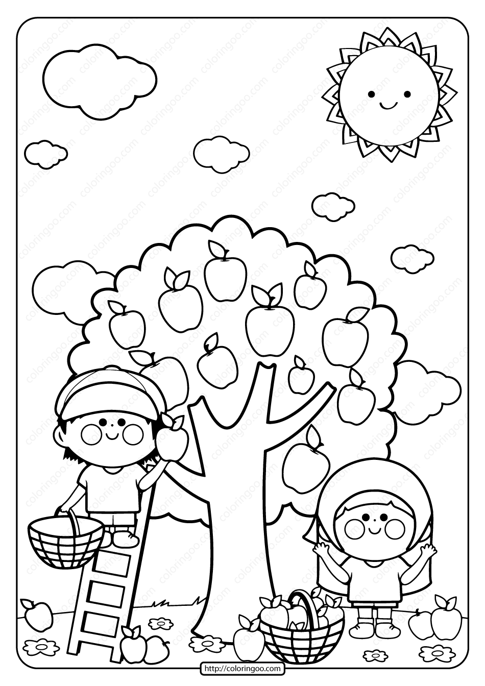 Printable children picking apples coloring page apple coloring pages fall coloring pages apple coloring