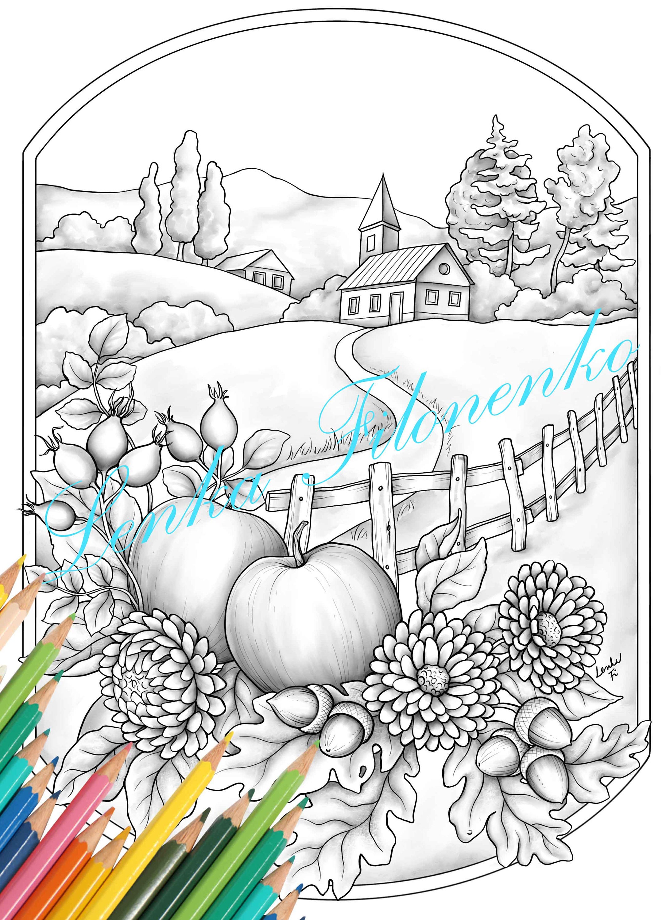 Autumn fall coloring page for adults grey scale pdf download and print download now