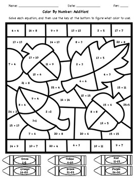 Color by number addition fall tpt