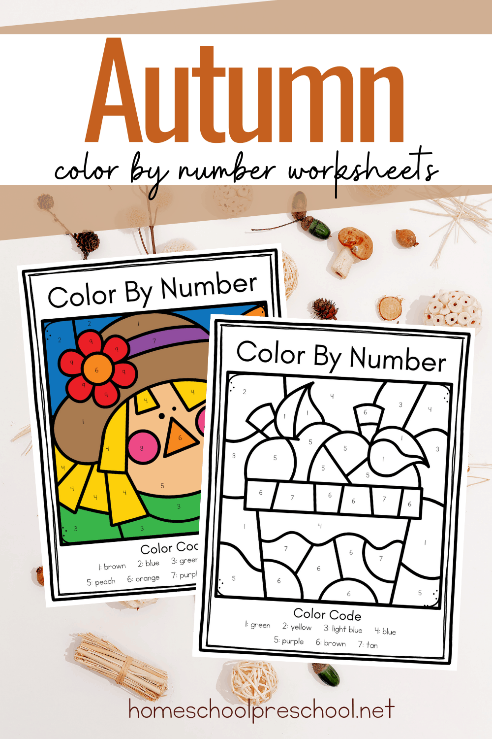 Free printable fall color by number worksheets