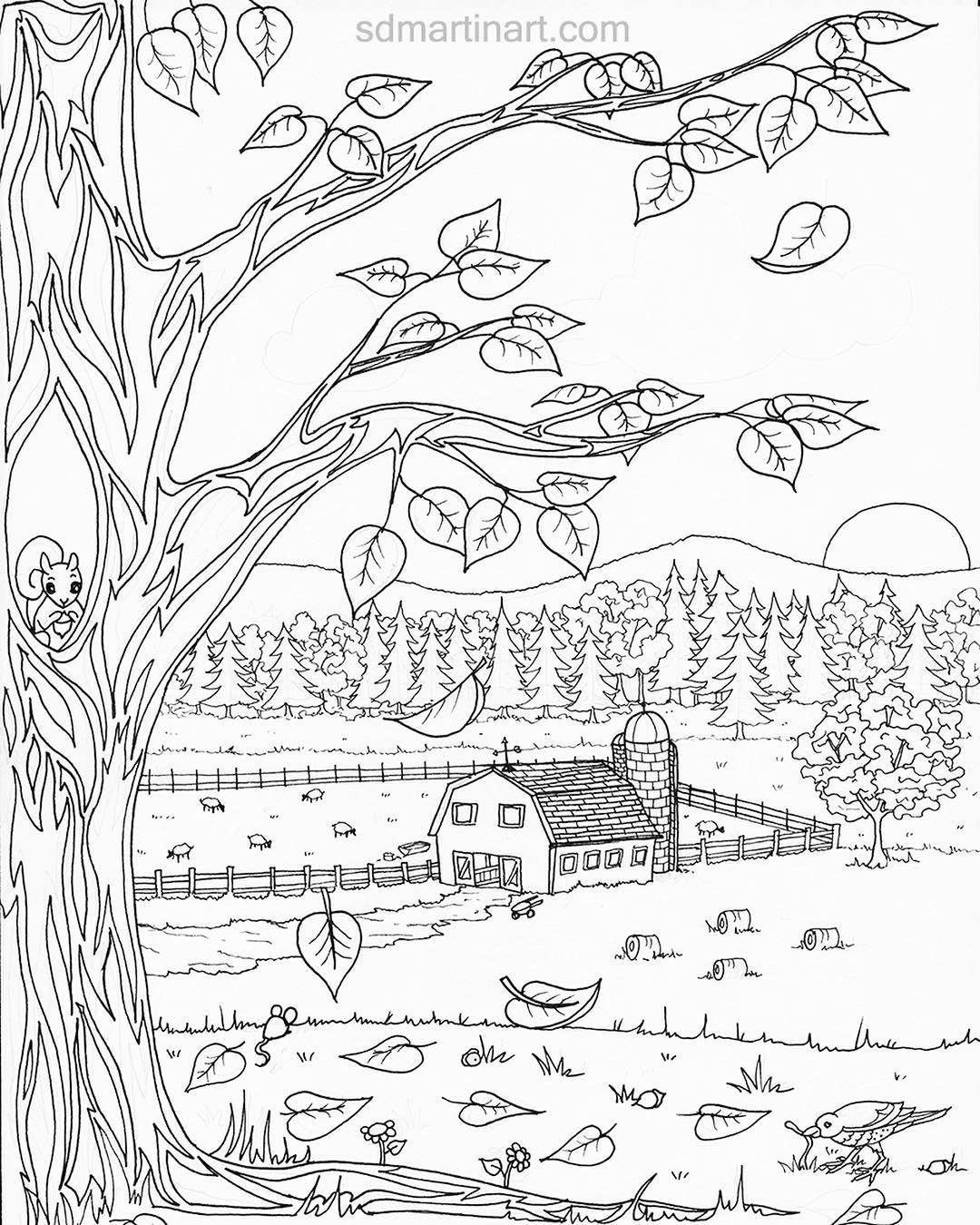 Autumn farm coloring page farm coloring pages coloring pages nature coloring pages